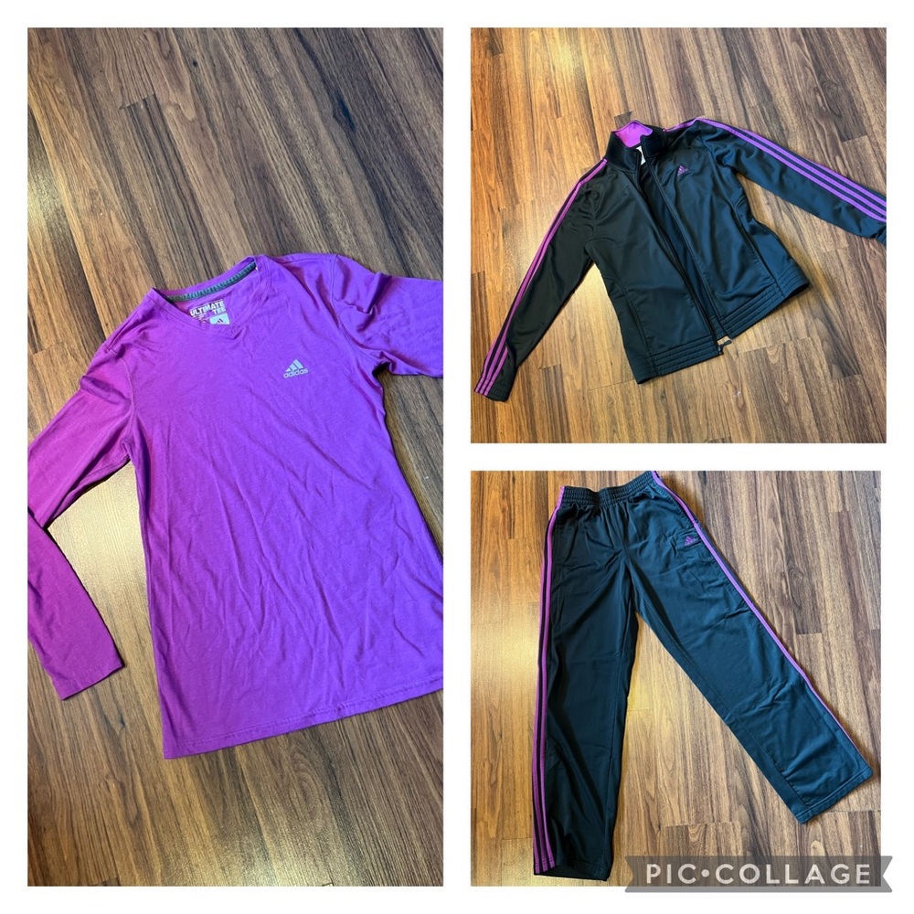Adidas THREE SET, Size Small: shirt, jacket, and pants.